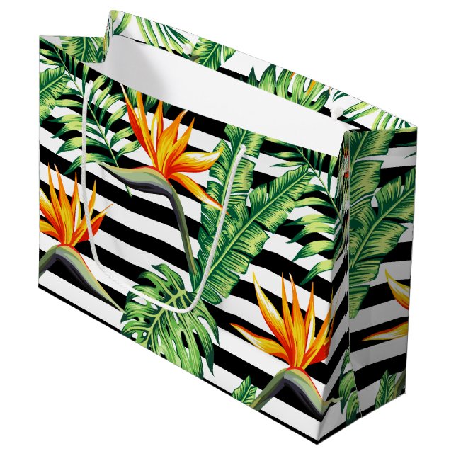 Tropical Bird of Paradise Stripes Large Gift Bag (Front Angled)