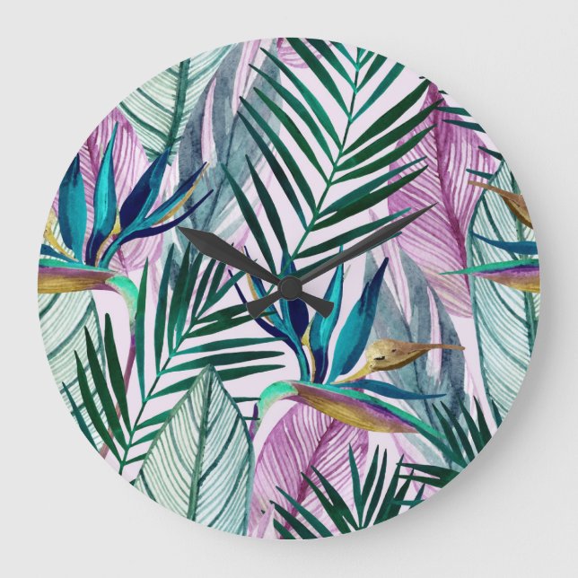 Tropical bird-of-paradise, watercolor pattern large clock (Front)