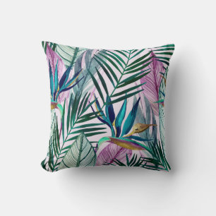 Tropical bird-of-paradise, watercolor pattern throw pillow