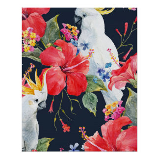 Tropical Bird Watercolor Red Hibiscus Flower Poster