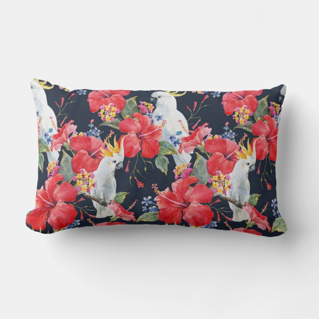 Tropical Bird Watercolor Red Hibiscus Flowers Lumbar Pillow (Front)