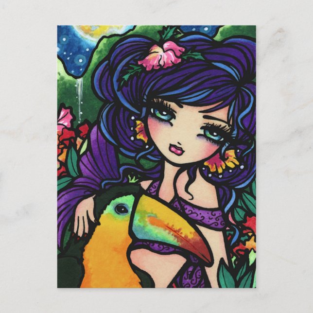 Tropical Bird Waterfall  Mermaid Fantasy Art Girl Postcard (Front)