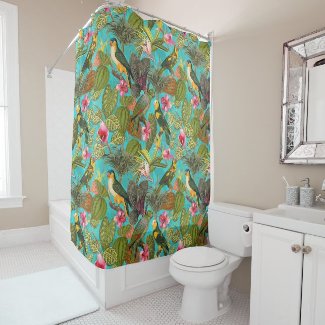 Tropical birds and flowers in Jungle pattern -teal (In Situ)