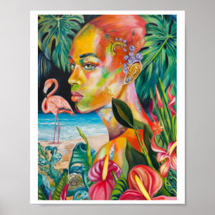 Tropical Birds And Flowers - Orange Bliss Sticker  Poster