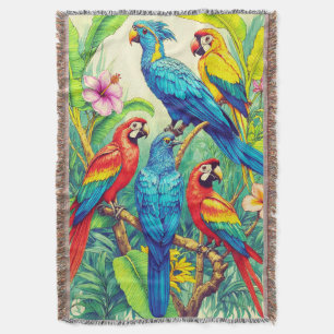 Tropical Birds Botanical Illustration Throw Blanket