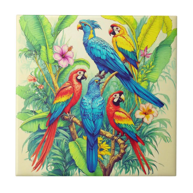 Tropical Birds Botanical Illustration Tile (Front)