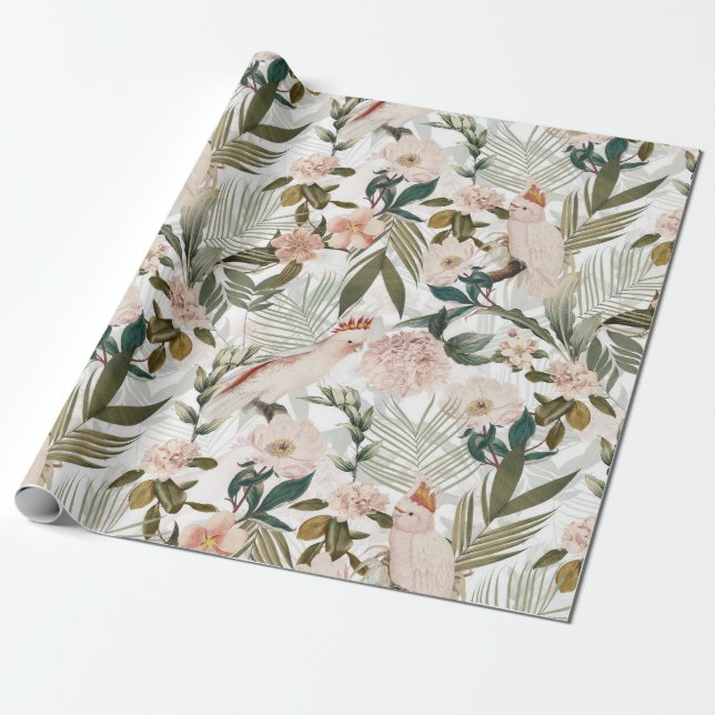 Tropical Birds Cockatoo Jungle Pattern - White Wrapping Paper (Unrolled)