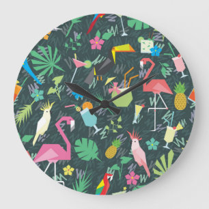 Tropical Birds Drinks: Vibrant Seamless. Large Clock