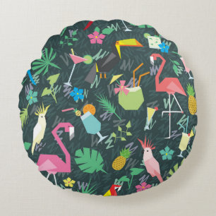 Tropical Birds Drinks: Vibrant Seamless. Round Pillow