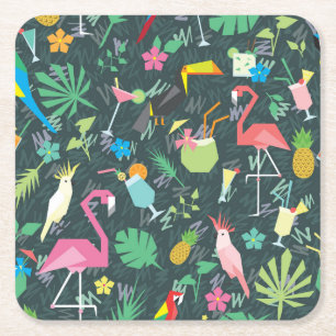 Tropical Birds Drinks: Vibrant Seamless. Square Paper Coaster