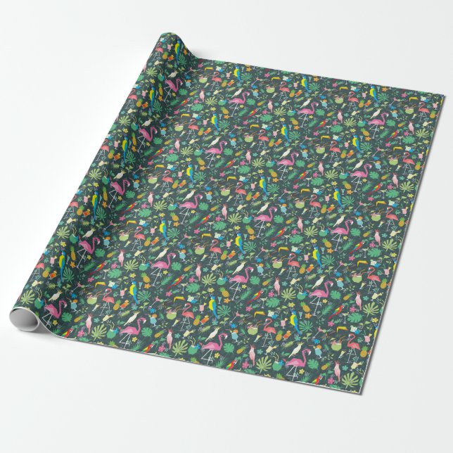 Tropical Birds Drinks: Vibrant Seamless. Wrapping Paper (Unrolled)
