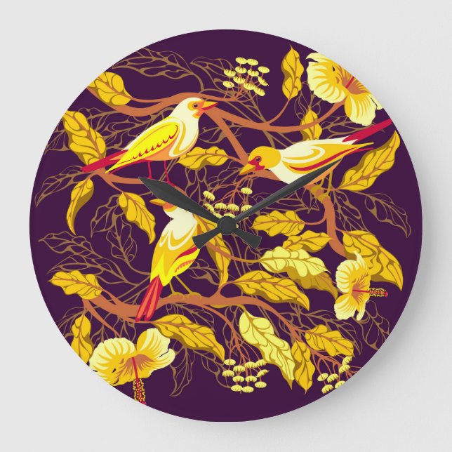 Tropical Birds Exotic Flowers Illustration Large Clock (Front)