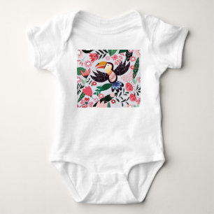 Tropical birds, floral doodle pattern. baby bodysuit