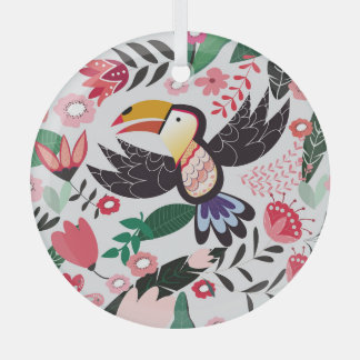 Tropical birds, floral doodle pattern. glass ornament