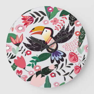 Tropical birds, floral doodle pattern. large clock