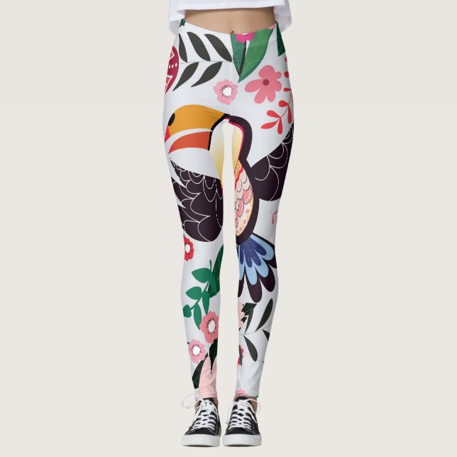 Tropical birds, floral doodle pattern. leggings (Front)
