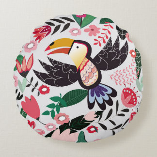Tropical birds, floral doodle pattern. round pillow