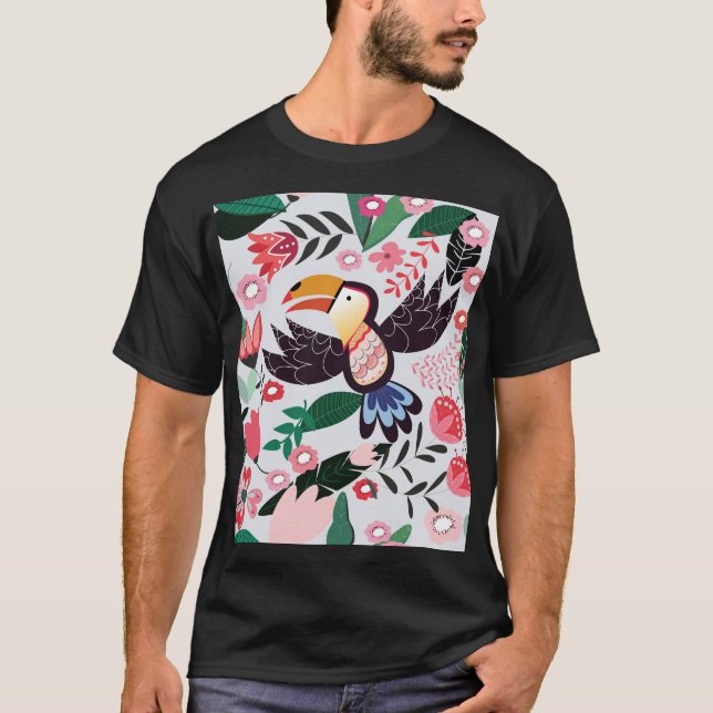 Tropical birds, floral doodle pattern. T-Shirt (Front)