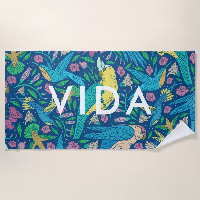 Tropical Birds & Flowers Colourful Pattern Beach Towel (Front)