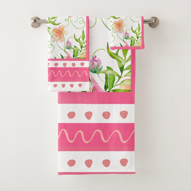 Tropical Birds Flowers Contemporary Pink Shades Bath Towel Set (Insitu)