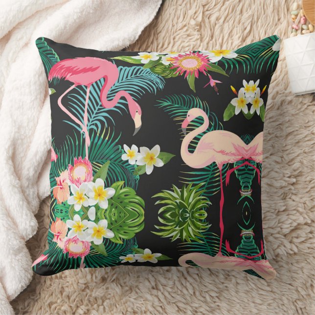 Tropical Birds Flowers Flamingo Watery Landscape Throw Pillow (Blanket)