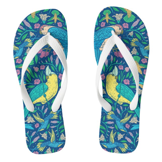 Tropical Birds & Flowers Illustration Pattern Flip Flops (Footbed)