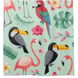 Tropical birds, flowers, watercolor pattern.