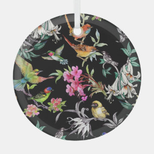 Tropical Birds Flowers: Watercolor Pattern Glass Ornament