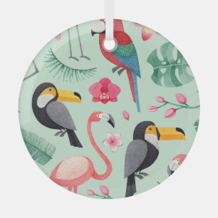 Tropical birds, flowers, watercolor pattern. glass ornament