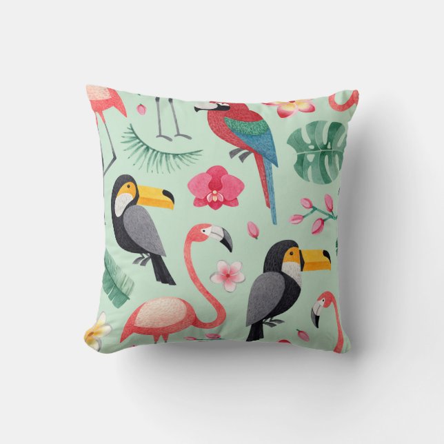Tropical birds, flowers, watercolor pattern. throw pillow (Front)