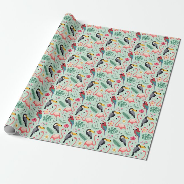 Tropical birds, flowers, watercolor pattern. wrapping paper (Unrolled)