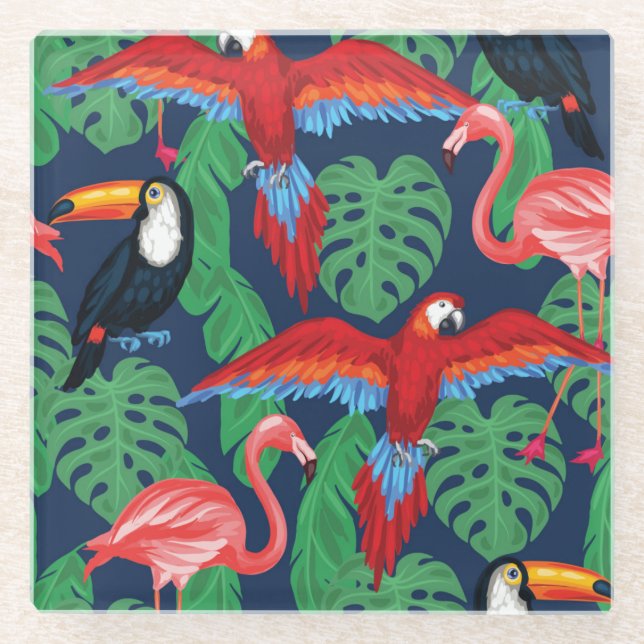 Tropical Birds In Bright Colours Glass Coaster (Front)