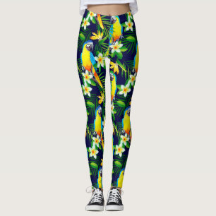Tropical Birds - Parrots and Hibiscus on Black Bac Leggings