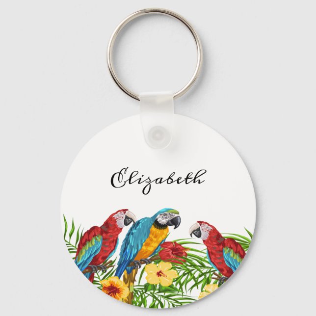 Tropical birds parrots blue red palm leaves name keychain (Front)