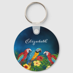 Tropical birds parrots blue sky palm leaves name keychain