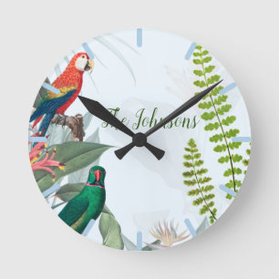 Tropical Birds Parrots & Foliage Round Clock