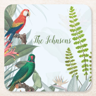 Tropical Birds Parrots & Foliage  Square Paper Coaster
