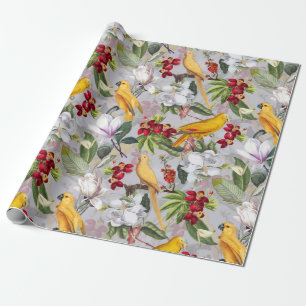 Tropical Birds Parrots Jungle Pattern - Gray Wrapping Paper