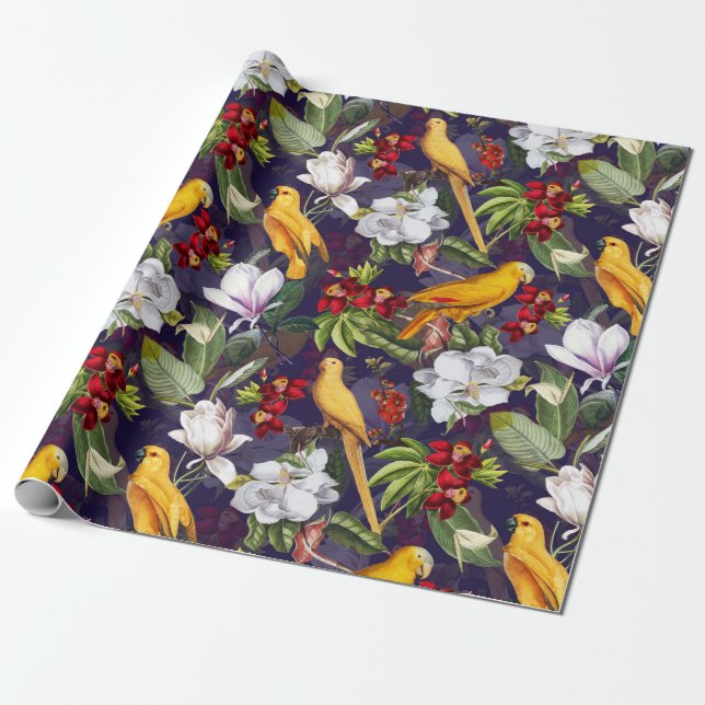 Tropical Birds Parrots Jungle Pattern - Purple Wrapping Paper (Unrolled)