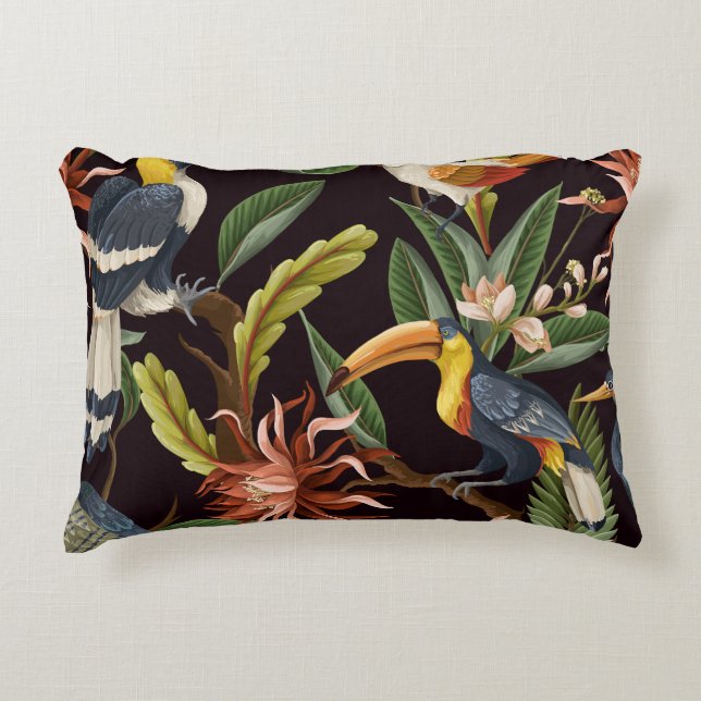 Tropical Birds: Vintage Leaves & Flowers Accent Pillow (Front)
