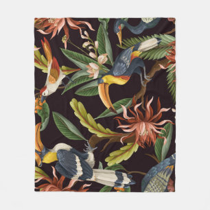 Tropical Birds: Vintage Leaves & Flowers Fleece Blanket