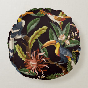 Tropical Birds: Vintage Leaves & Flowers Round Pillow