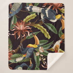 Tropical Birds: Vintage Leaves & Flowers Sherpa Blanket