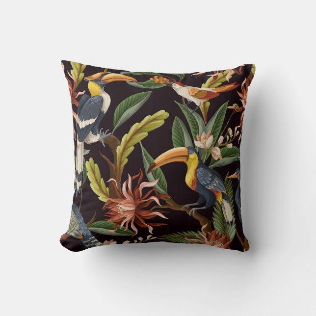 Tropical Birds: Vintage Leaves & Flowers Throw Pillow (Front)