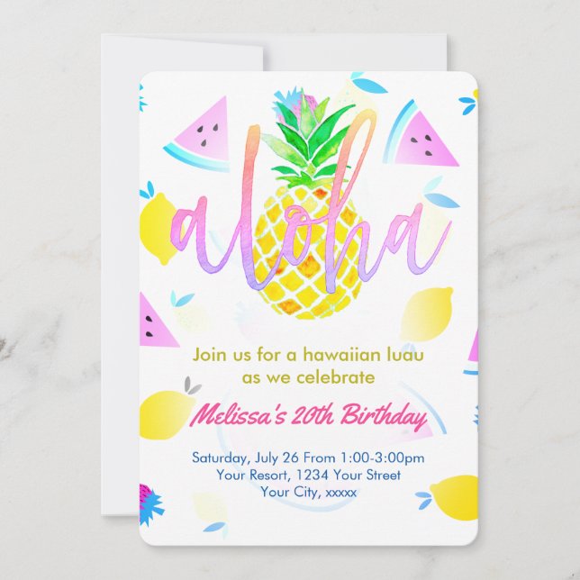 tropical birthday party aloha script invitation (Front)