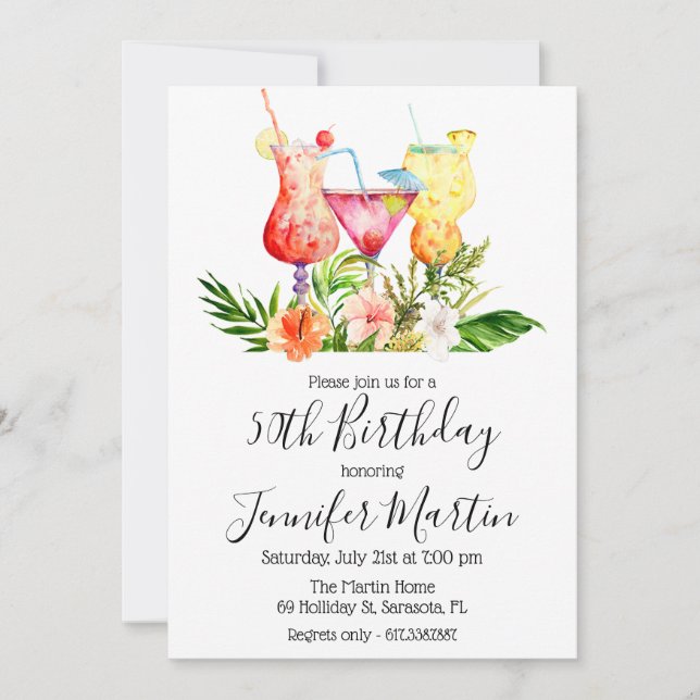 Tropical Birthday Party Cocktail Drinks Invitation (Front)