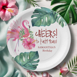 Tropical Birthday Pink Flamingo Paper Plate