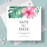 Tropical Birthday Save The Date Cards<br><div class="desc">These birthday save the date cards feature a top boarder of elegant watercolor tropical flowers and monstera palm leaves. The words "Save the Date" are typeset in charcoal grey over a crisp white background. Use the template fields to add you custom details. The card reverses to a matching vibrant pink...</div>