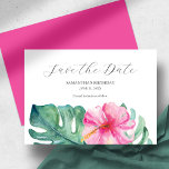 Tropical Birthday Save The Date Cards<br><div class="desc">These birthday save the date cards feature a top boarder of elegant watercolor tropical flowers and monstera palm leaves. The words "Save the Date" are typeset in charcoal grey over a crisp white background. Use the template fields to add you custom details. The card reverses to a matching vibrant pink...</div>