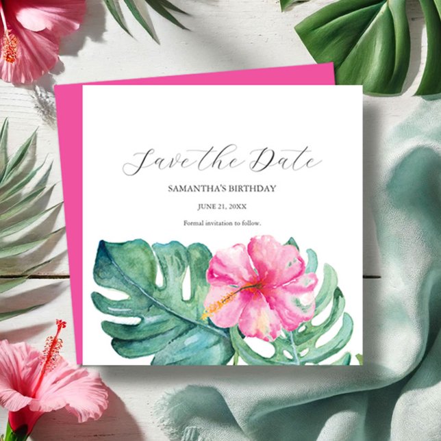 Tropical Birthday Save The Date Cards (Tropical sweet 16 Birthday party save the date card watercolor pink floral art Victoria Grigaliunas)